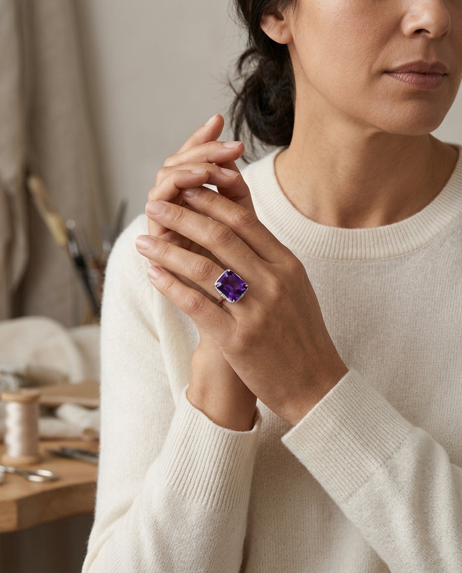 Amethyst And Diamond East/west Ring 14k White Gold — editorial close-up