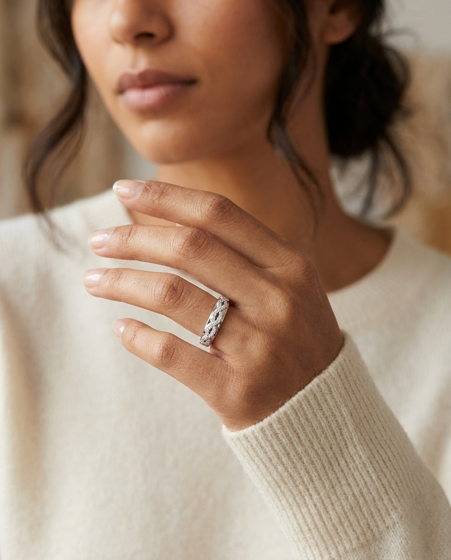 Diamond Braided Ring In 14k White Gold — editorial close-up