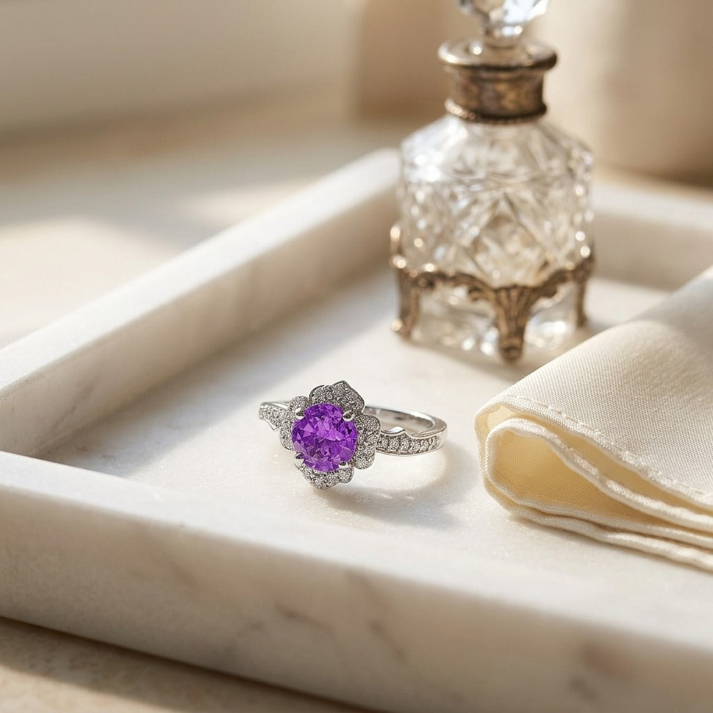 Pink Sapphire & Diamond Floral Halo Ring In 14k White Gold — marble silk