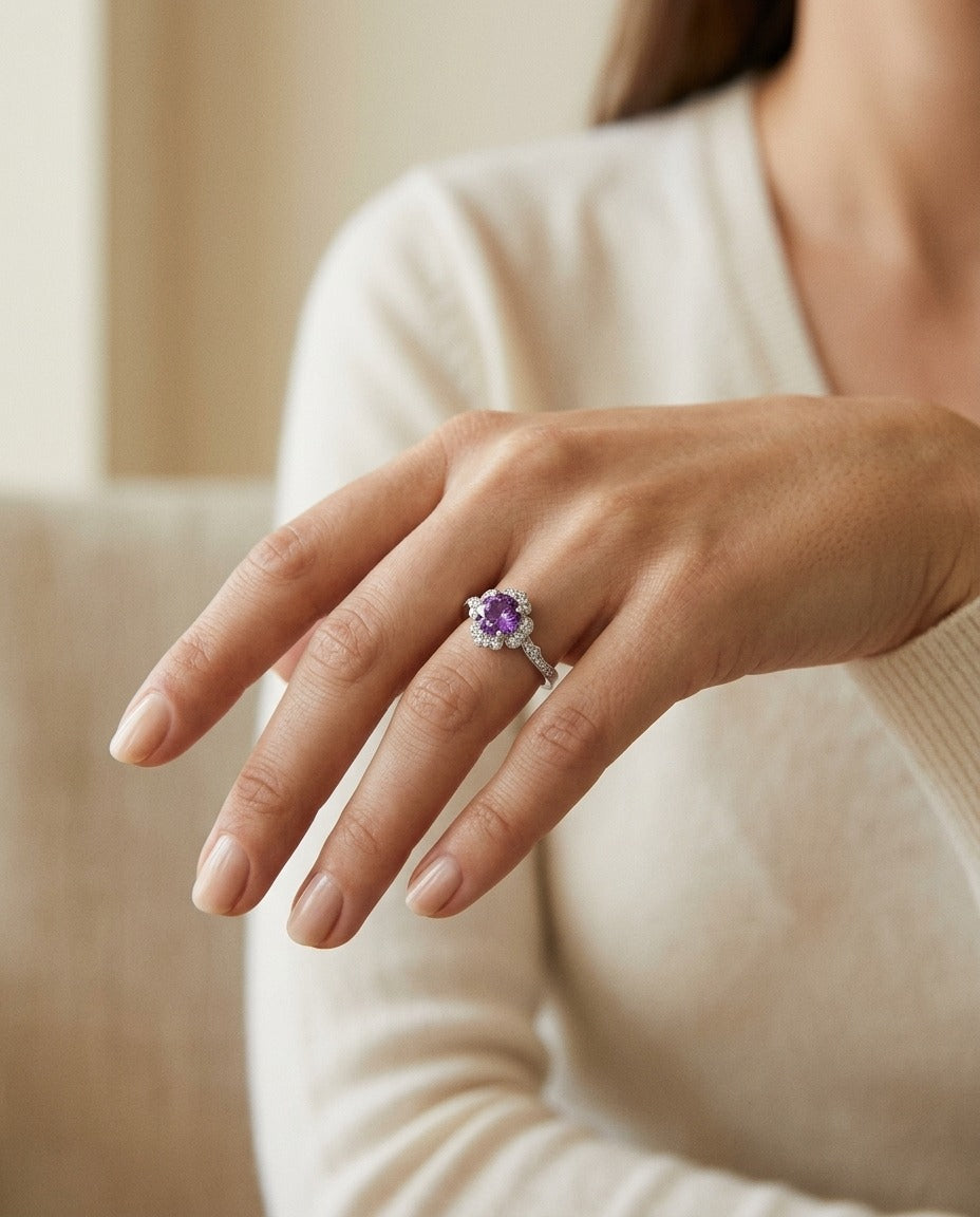 Pink Sapphire & Diamond Floral Halo Ring In 14k White Gold — portrait close