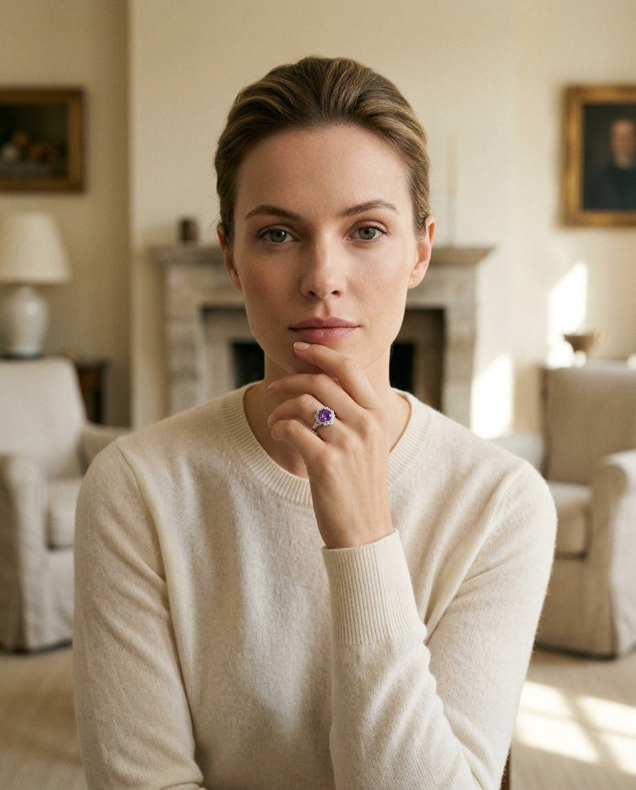 Pink Sapphire & Diamond Floral Halo Ring In 14k White Gold — portrait full