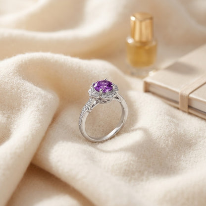 Pink Sapphire & Diamond Floral Halo Ring In 14k White Gold — textile flat lay