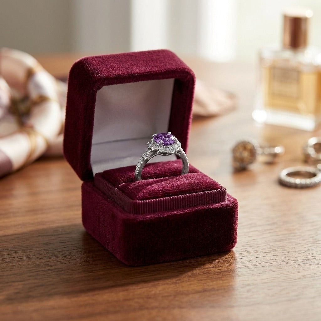 Pink Sapphire & Diamond Floral Halo Ring In 14k White Gold — velvet box