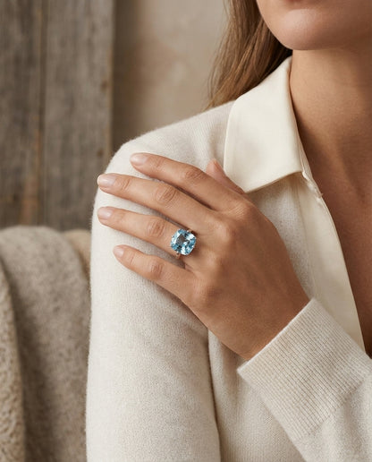 Aquamarine Solitaire Gemstone Ring In 14k White Gold — editorial close-up