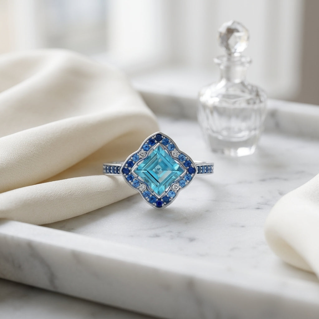 Blue Topaz Center With Sapphire And Diamond Sides In 14k White Gold — atelier still life