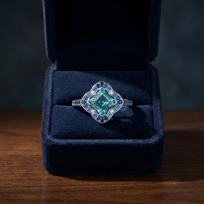 Blue Topaz Center With Sapphire And Diamond Sides In 14k White Gold — gift presentation