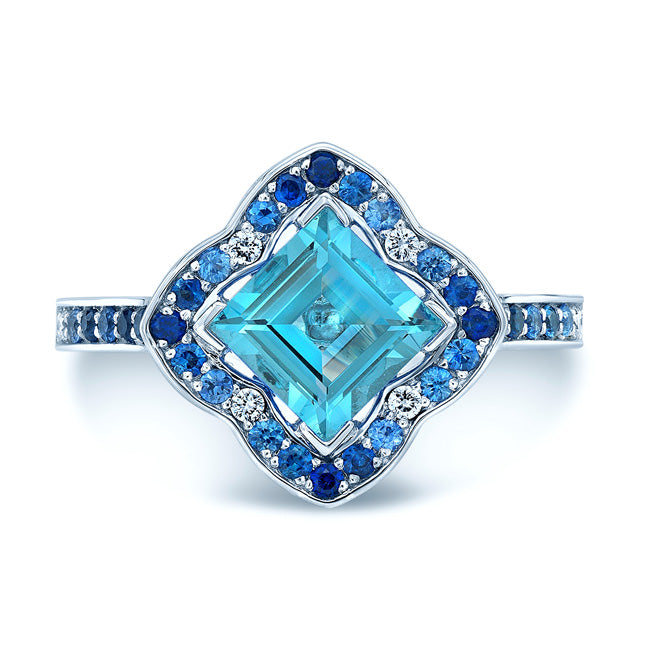 Blue Topaz Center With Sapphire And Diamond Sides In 14k White Gold