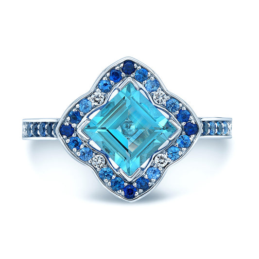 Blue Topaz Center With Sapphire And Diamond Sides In 14k White Gold