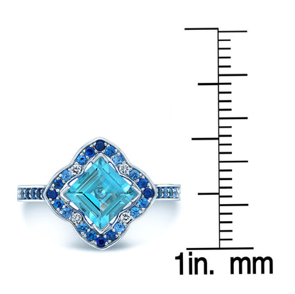 Blue Topaz Center With Sapphire And Diamond Sides In 14k White Gold