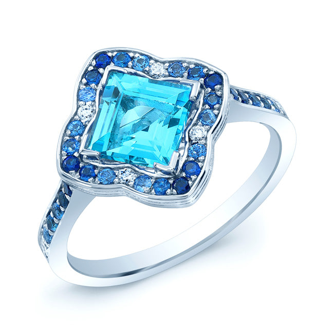Blue Topaz Center With Sapphire And Diamond Sides In 14k White Gold