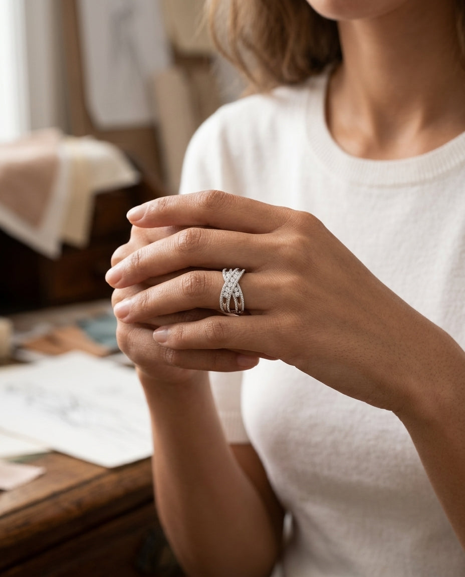 Diamond Pave Crossover Ring In 14k White Gold — editorial close-up