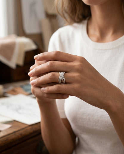 Diamond Pave Crossover Ring In 14k White Gold — editorial close-up