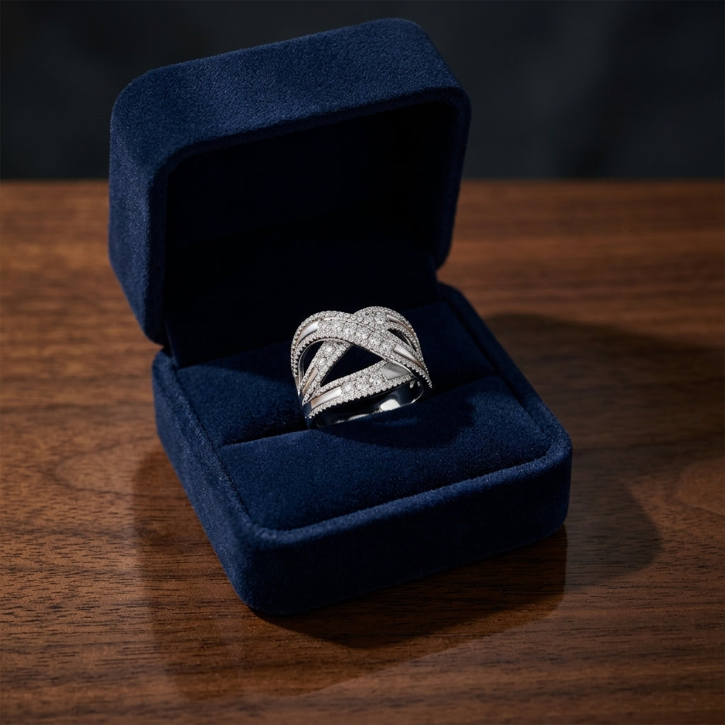 Diamond Pave Crossover Ring In 14k White Gold — gift presentation