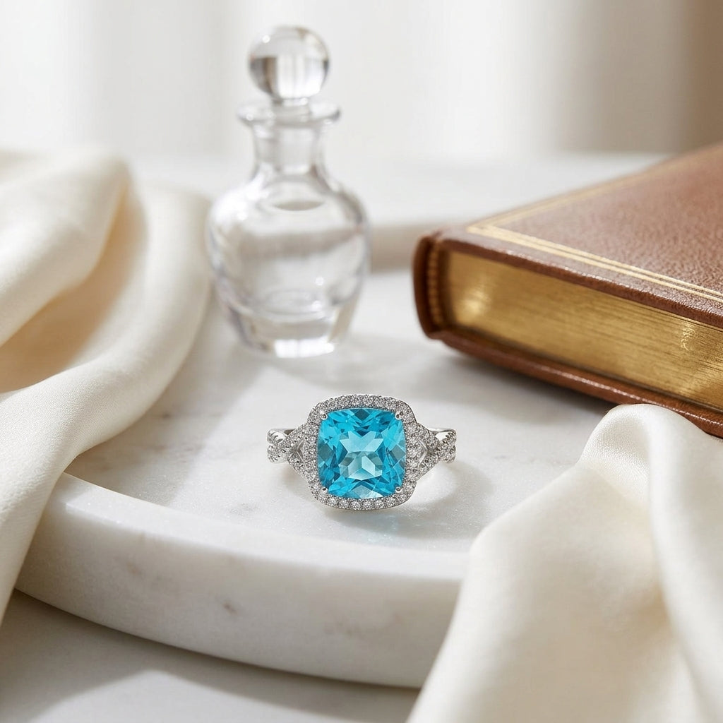 Blue Topaz 9mm Cushion & Diamond Ring In 14k White Gold — atelier still life