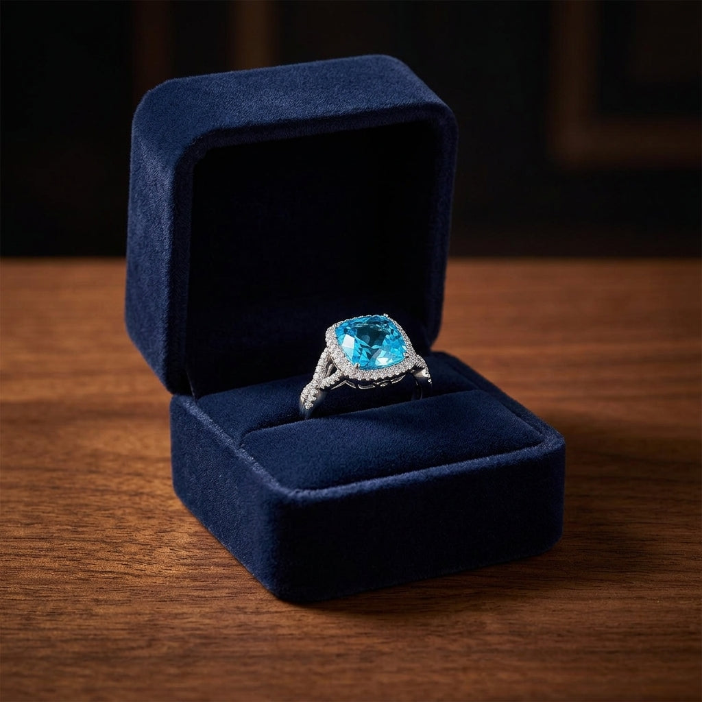 Blue Topaz 9mm Cushion & Diamond Ring In 14k White Gold — gift presentation