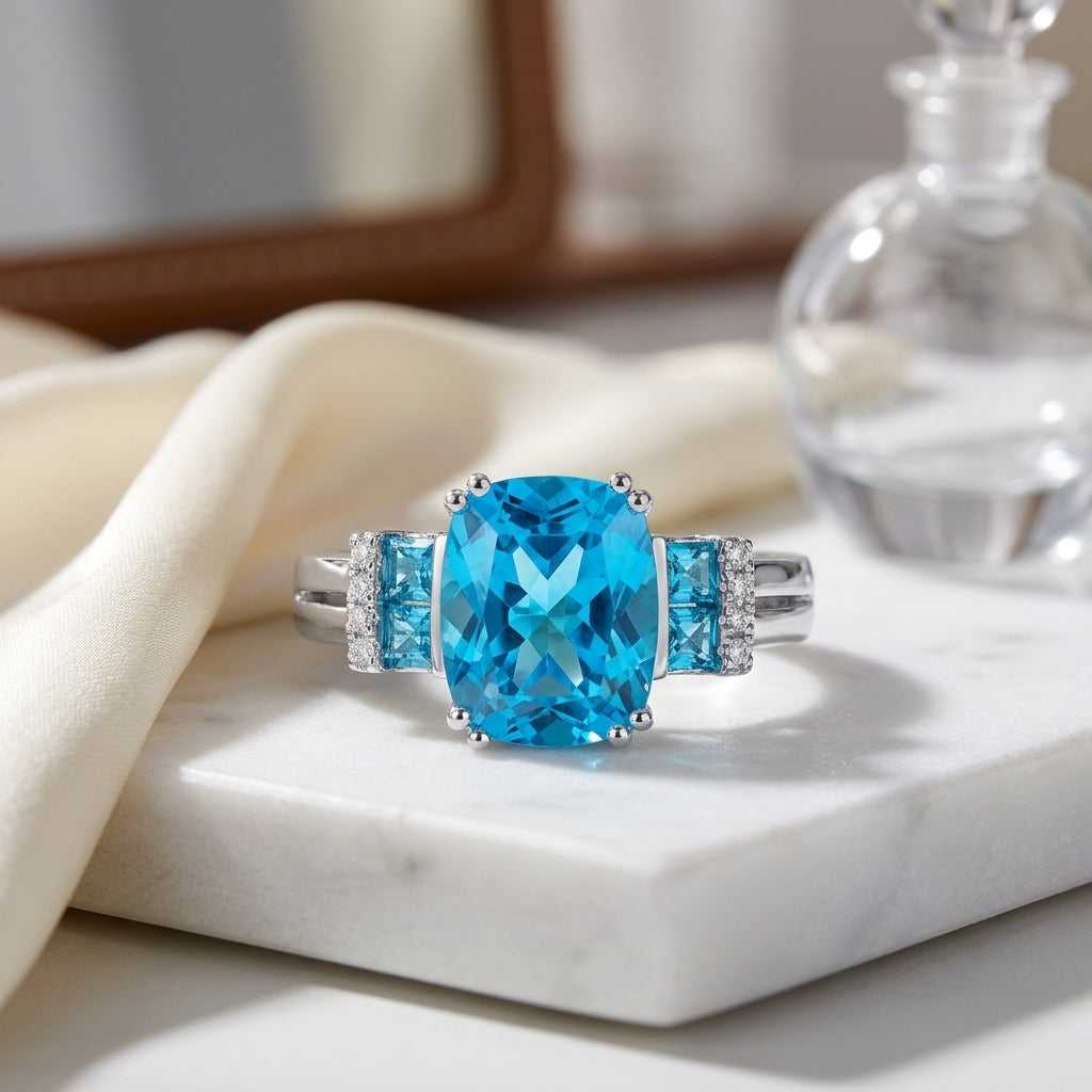 Blue Topaz 10x8 Cushion And Diamond Split Shank Ring 14k White Gold — atelier still life