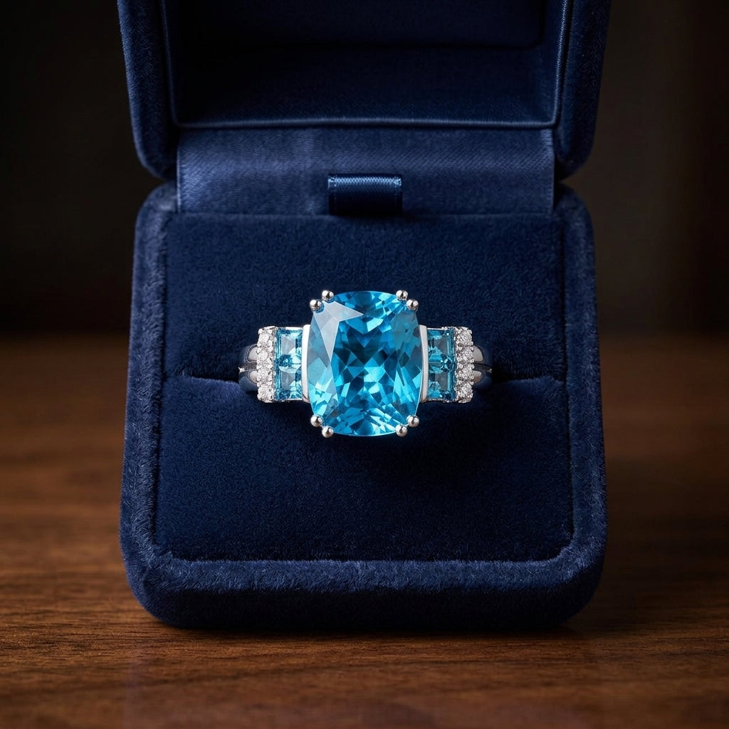Blue Topaz 10x8 Cushion And Diamond Split Shank Ring 14k White Gold — gift presentation