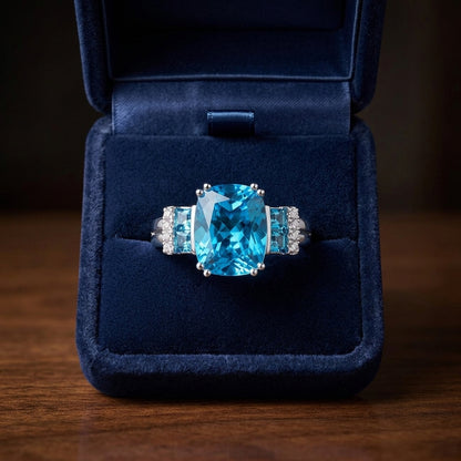 Blue Topaz 10x8 Cushion And Diamond Split Shank Ring 14k White Gold — gift presentation
