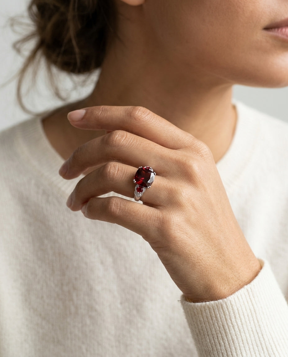 Rhodolite Garnet And Diamond Ring In 14k White Gold — editorial close-up