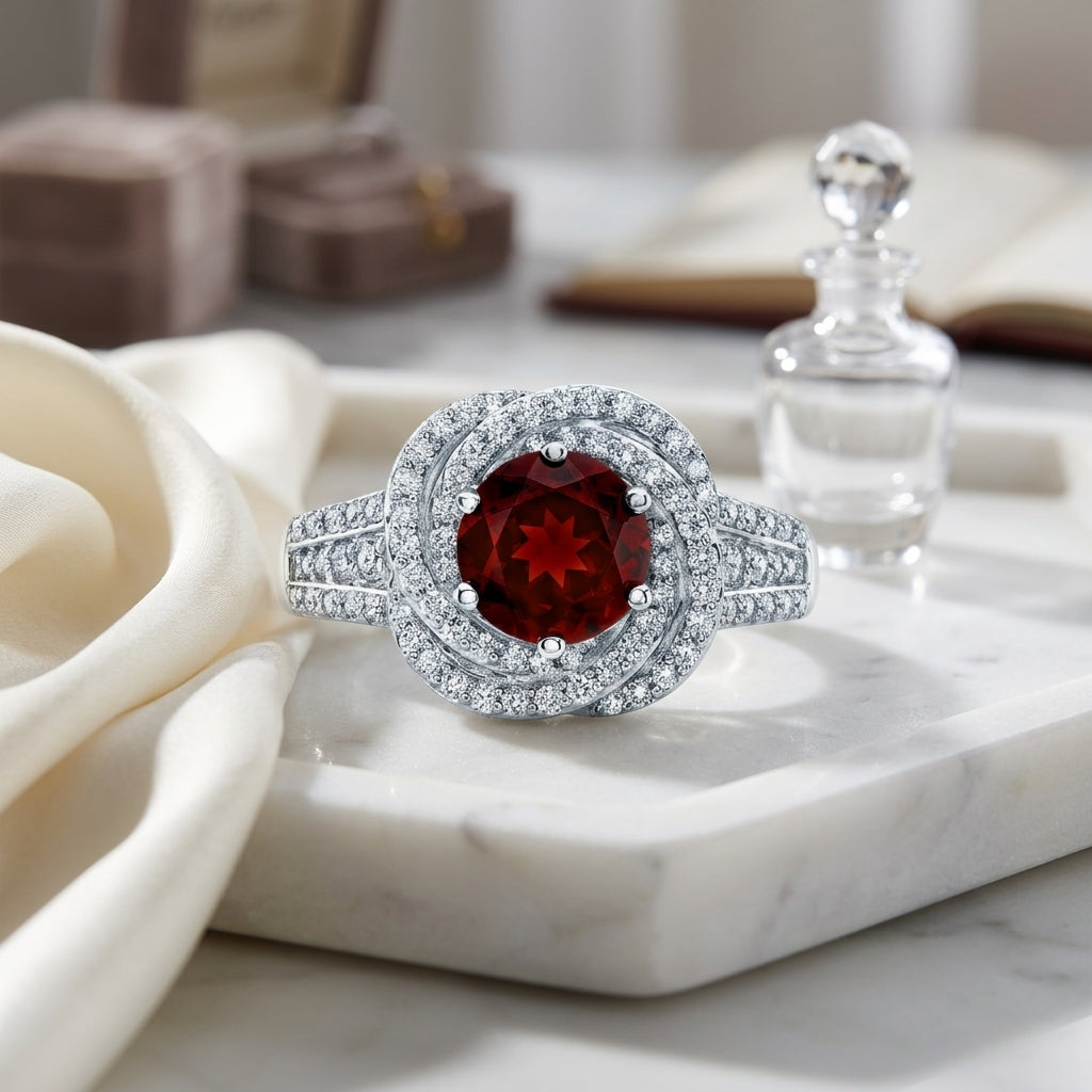 Garnet And Diamond Halo Ring In 14k White Gold — atelier still life