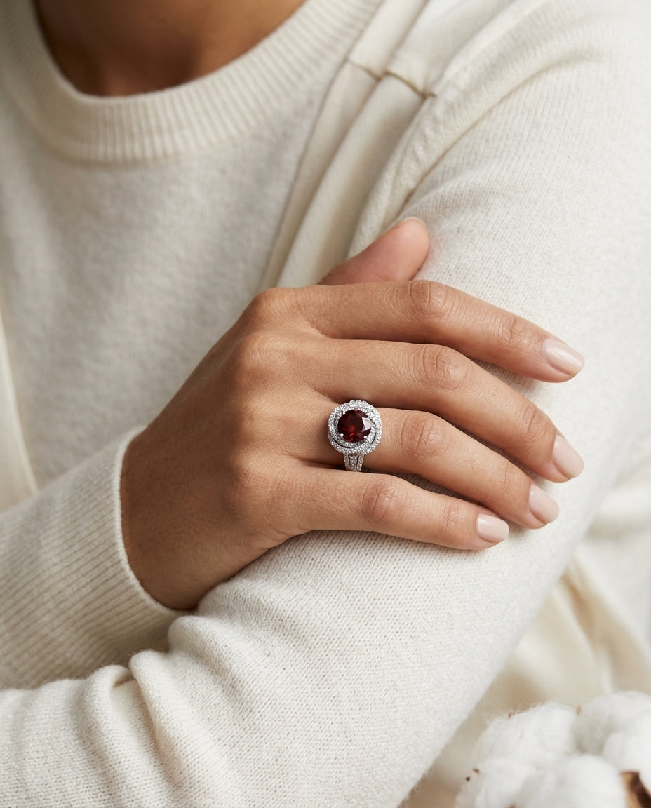 Garnet And Diamond Halo Ring In 14k White Gold — editorial close-up