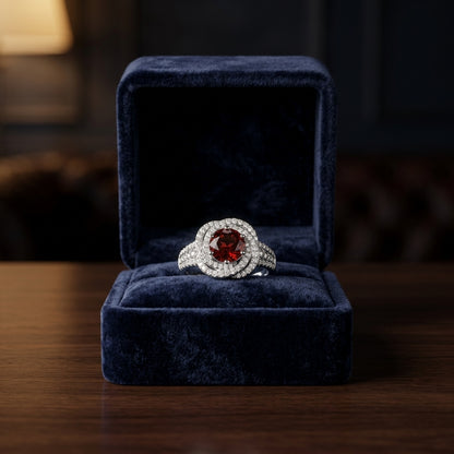 Garnet And Diamond Halo Ring In 14k White Gold — gift presentation