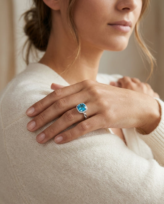 Blue Topaz And Diamond Twist Ring In 14k White Gold — editorial close-up