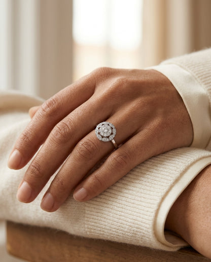 Diamond Art Deco Round Ring In 14k White Gold — editorial close-up