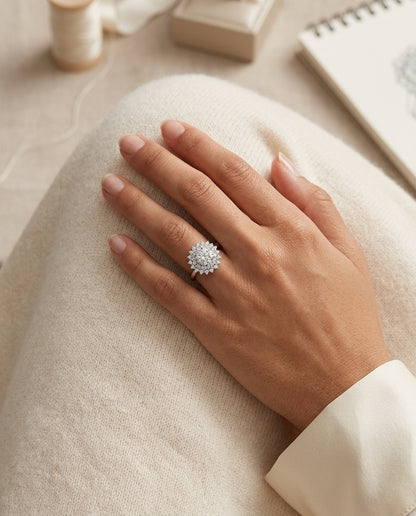 Diamond Cluster Starburst Ring In 14k White Gold — editorial close-up