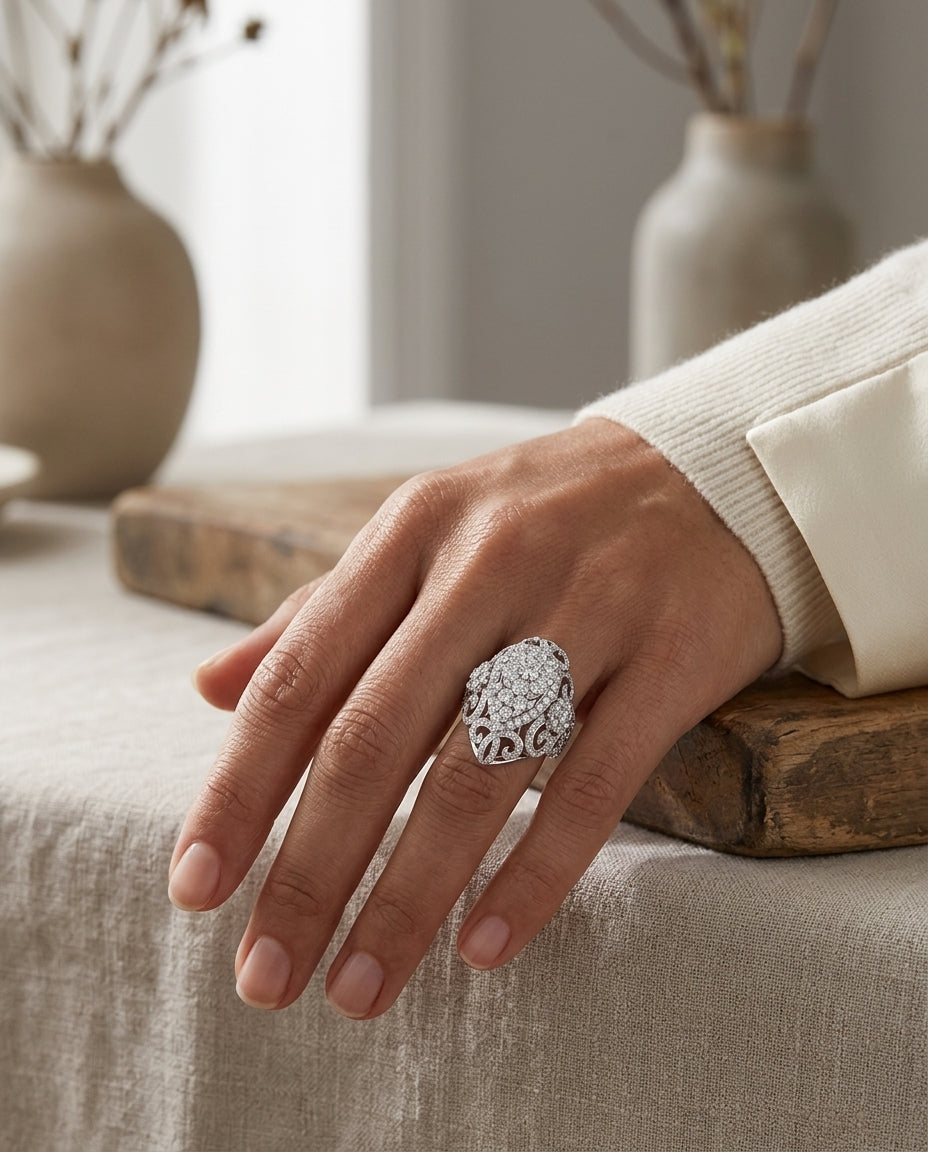 Diamond Cluster Cocktail Ring In 14k White Gold — editorial close-up