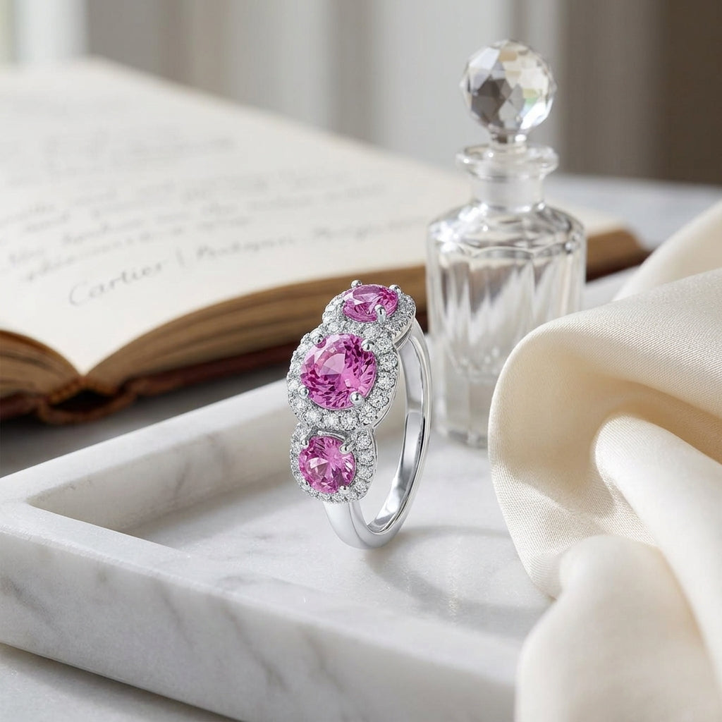 Pink Sapphire And Diamond 3 Stone Halo Ring In 14k White Gold (1/5 Ct. Tw.) — atelier still life
