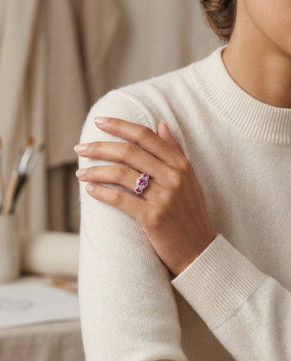 Pink Sapphire And Diamond 3 Stone Halo Ring In 14k White Gold (1/5 Ct. Tw.) — editorial close-up