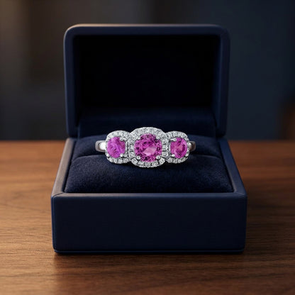Pink Sapphire And Diamond 3 Stone Halo Ring In 14k White Gold (1/5 Ct. Tw.) — gift presentation