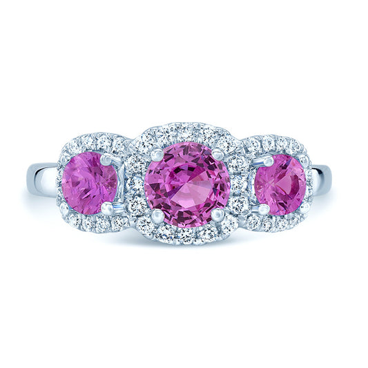 Pink Sapphire And Diamond 3 Stone Halo Ring In 14k White Gold (1/5 Ct. Tw.)