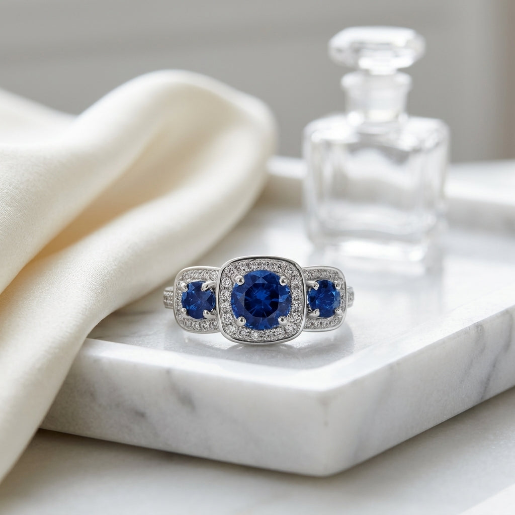 Blue Sapphire And Diamond Ring In 14k White Gold (6mm) — atelier still life