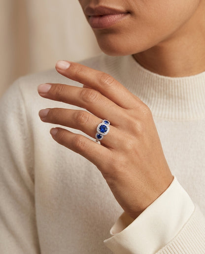 Blue Sapphire And Diamond Ring In 14k White Gold (6mm) — editorial close-up