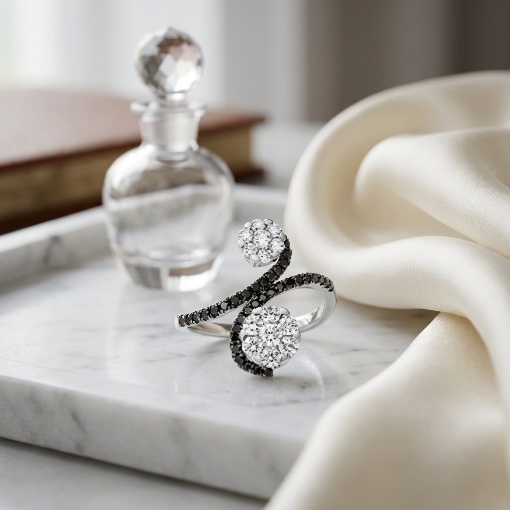 Black And White Diamond Cluster Wave Ring In 14k White Gold (si) — atelier still life