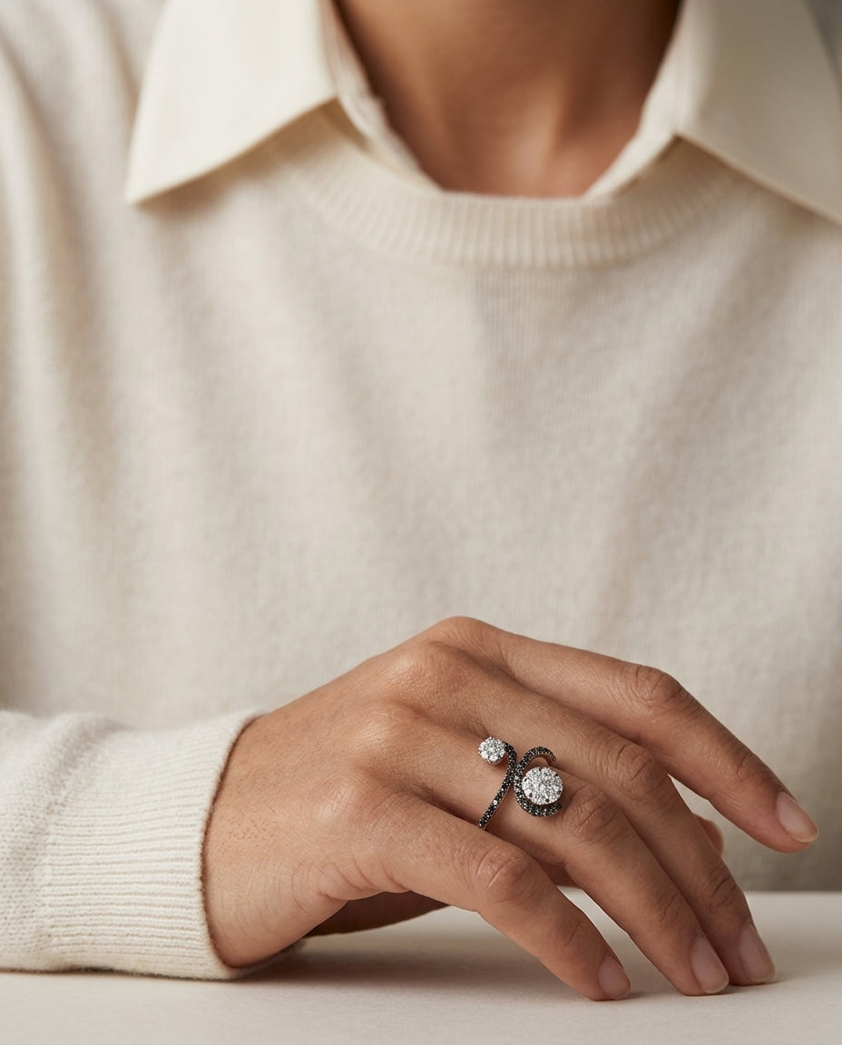 Black And White Diamond Cluster Wave Ring In 14k White Gold (si) — editorial close-up