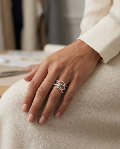 Twisting Diamond Ring Hand Ring In 14k White Gold — editorial close-up