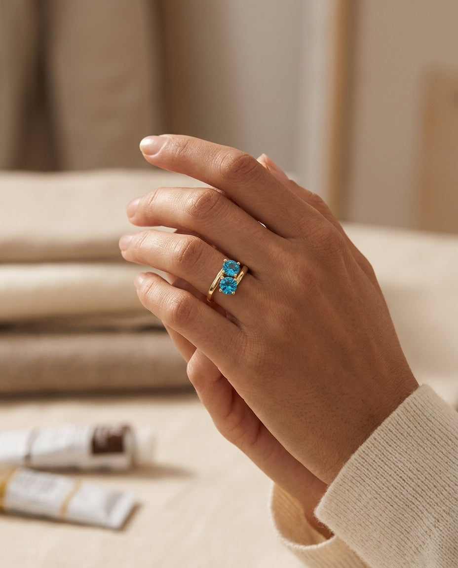Swiss Blue Topaz Duo Ring In 14k White Gold — editorial close-up