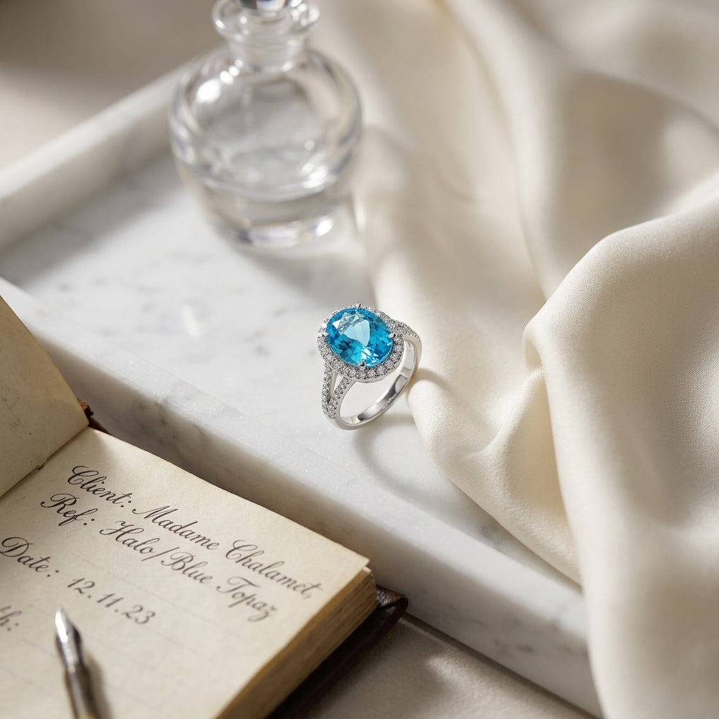 Blue Topaz And Diamond Oval Halo Split Shank Ring In 14k White Gold ( Hi / Si ) — atelier still life