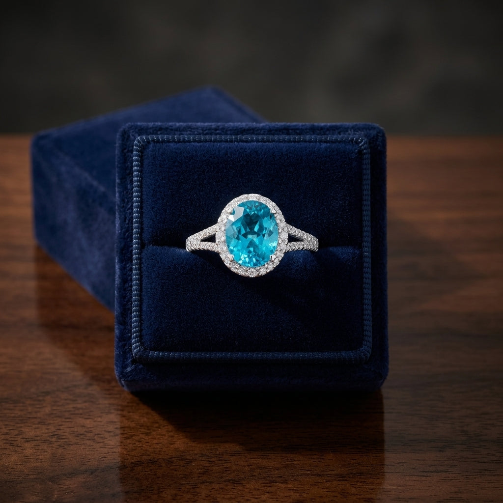 Blue Topaz And Diamond Oval Halo Split Shank Ring In 14k White Gold ( Hi / Si ) — gift presentation