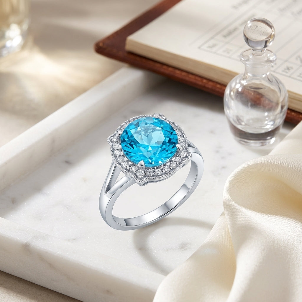 Blue Topaz And Diamond Round Halo Pinched Corner Ring In 14k White Gold — atelier still life