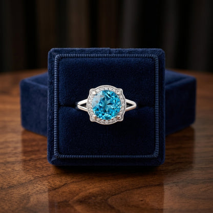 Blue Topaz And Diamond Round Halo Pinched Corner Ring In 14k White Gold — gift presentation