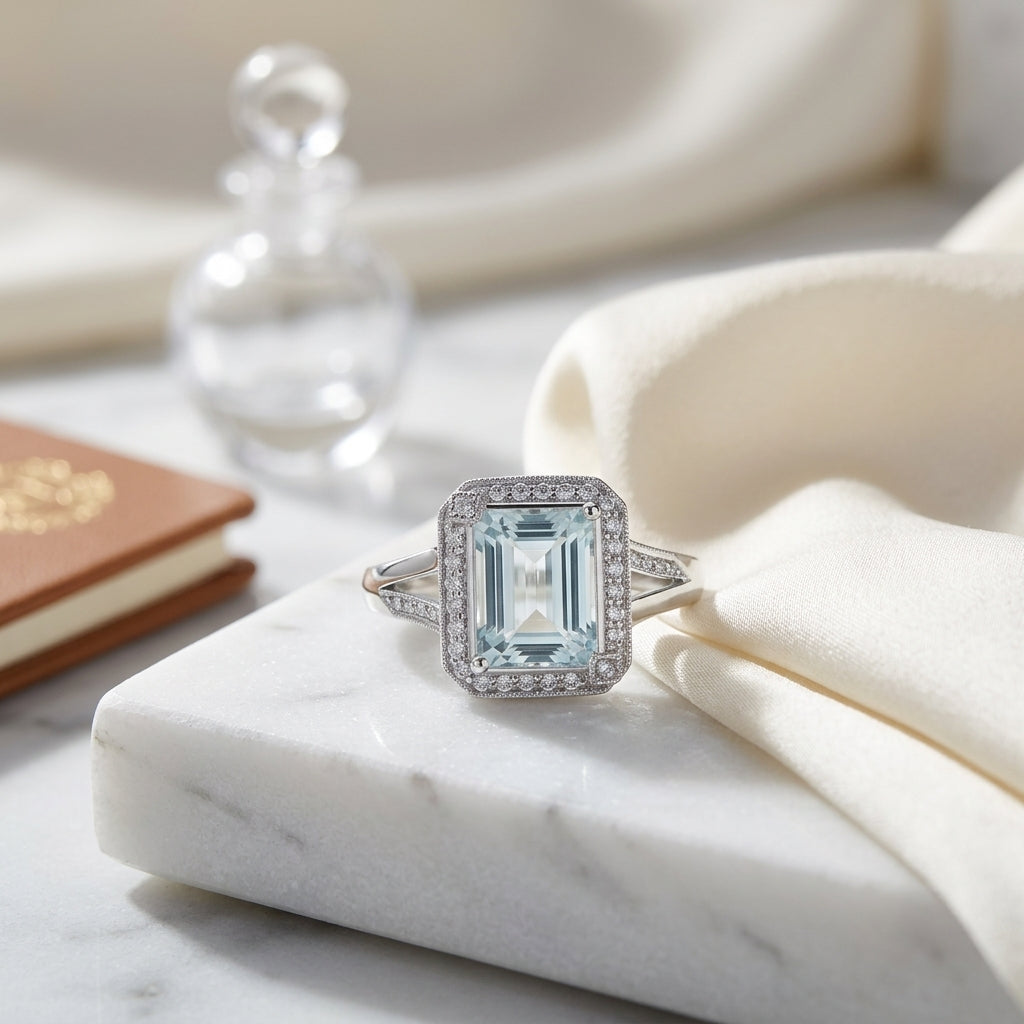 Aqua And Diamond Emerald Cut Halo And Accented Corners Ring In 14k White Gold (hi / Si) — atelier still life