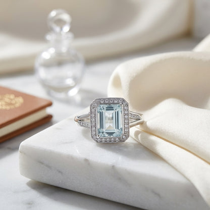Aqua And Diamond Emerald Cut Halo And Accented Corners Ring In 14k White Gold (hi / Si) — atelier still life