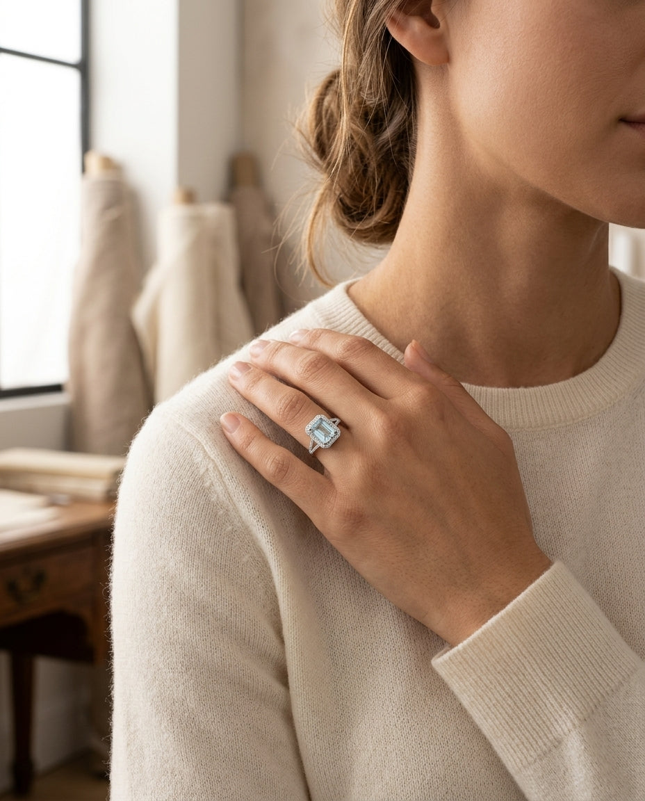 Aqua And Diamond Emerald Cut Halo And Accented Corners Ring In 14k White Gold (hi / Si) — editorial close-up