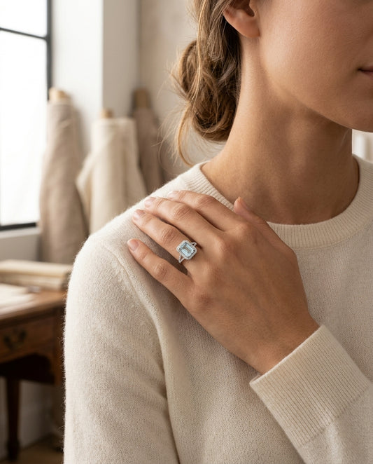 Aqua And Diamond Emerald Cut Halo And Accented Corners Ring In 14k White Gold (hi / Si) — editorial close-up