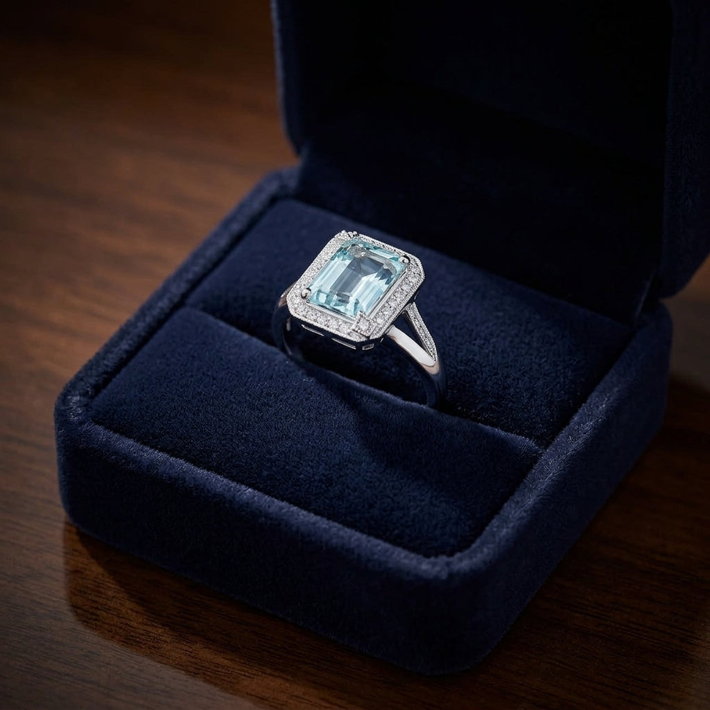 Aqua And Diamond Emerald Cut Halo And Accented Corners Ring In 14k White Gold (hi / Si) — gift presentation