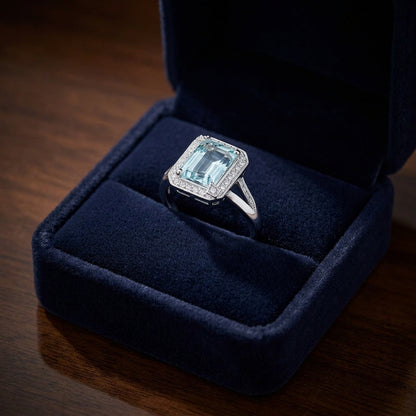 Aqua And Diamond Emerald Cut Halo And Accented Corners Ring In 14k White Gold (hi / Si) — gift presentation